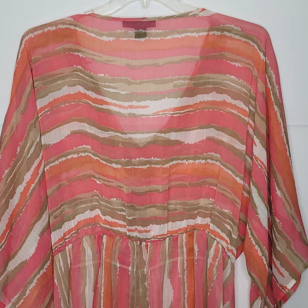 Ashley Stewart Chiffon Tunic 14/16 Coral Aztec Peasant Macrame Boho Beach Resort